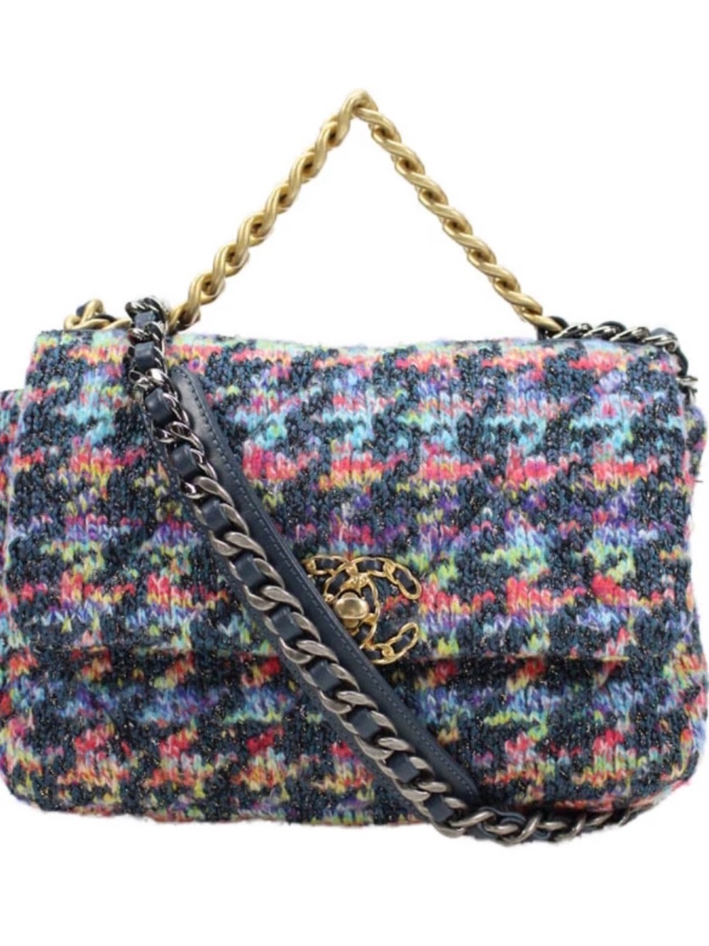 RARE CHANEL FLAP 19 Multicolor METALLIC Tweed Bag w AUTHENTIC TYE DYE interior